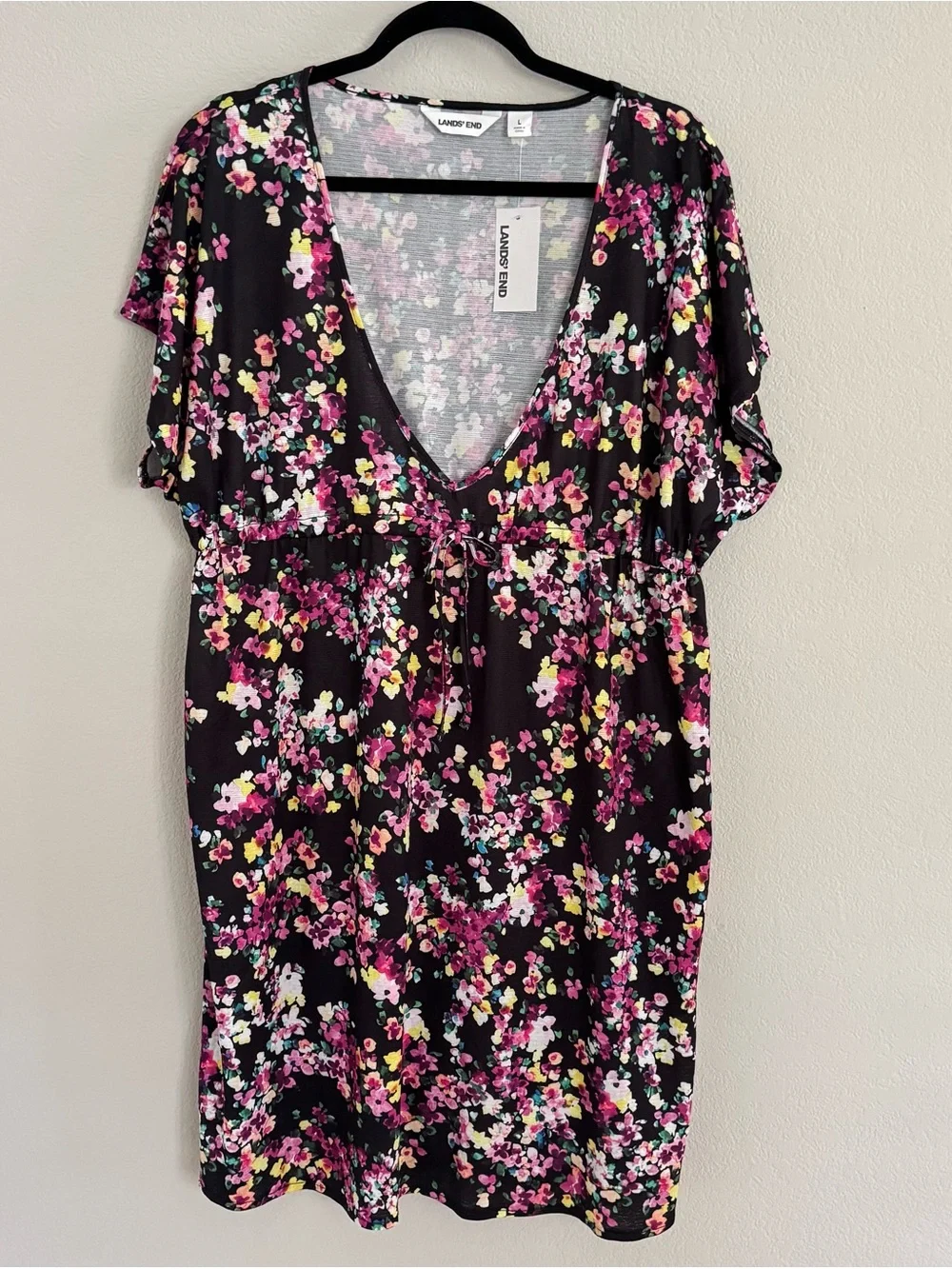 Lands' End Floral Swim Cover Up Dress in Black and Pink NWT Women’s Size L